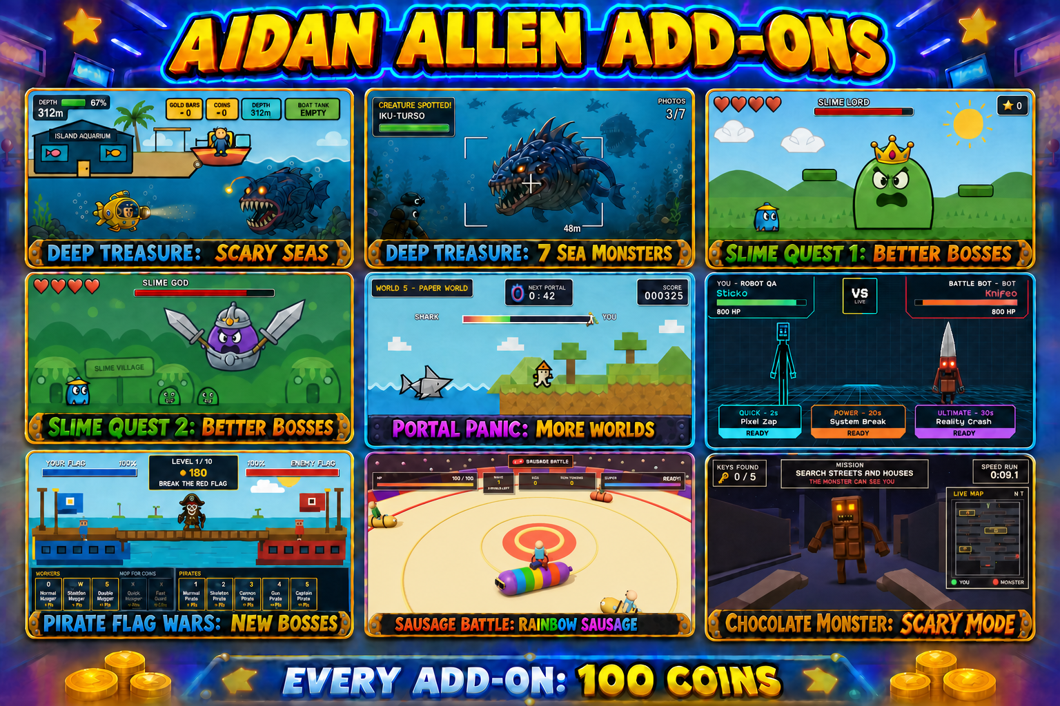 Nine screenshots showing Aidan's game add-ons